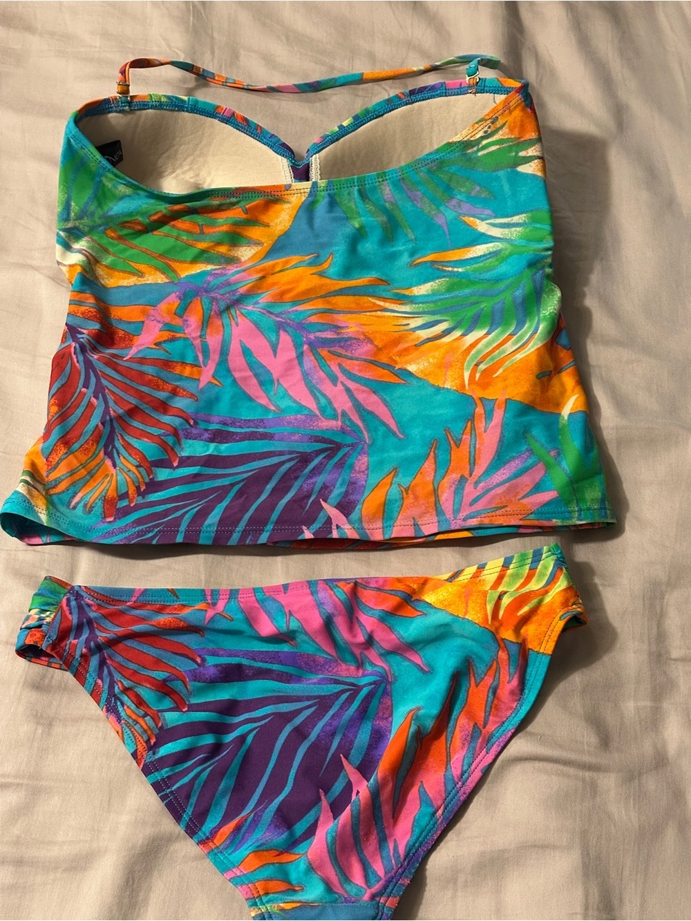 La Blanca Bright Teal Tankini with Multicolor Leaf Trim